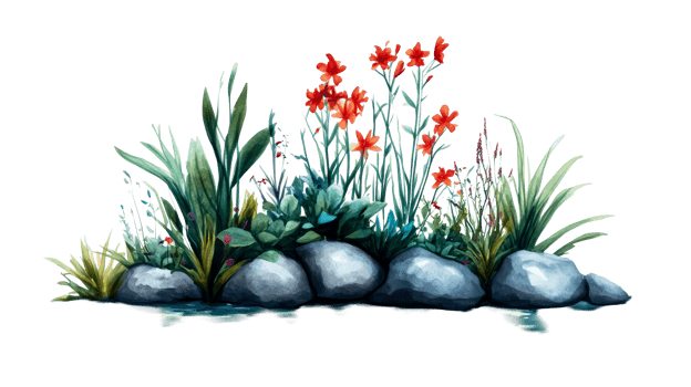 Watercolor floral composition with stones and water, cut out transparent png