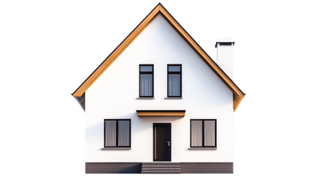 White house with gray roof on black background, cut out transparent png