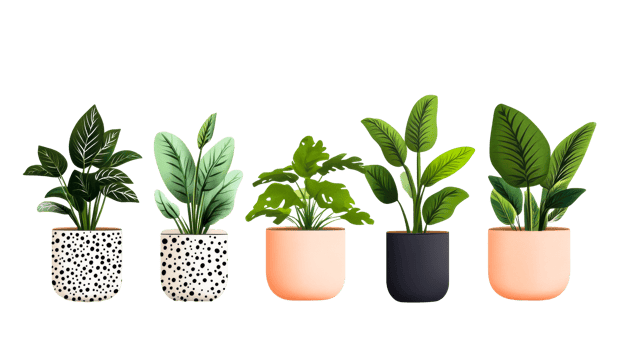 Indoor plants collection with different pots, cut out transparent png