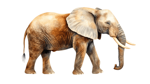 African Elephant Watercolor, isolated on Black Background, cut out transparent png