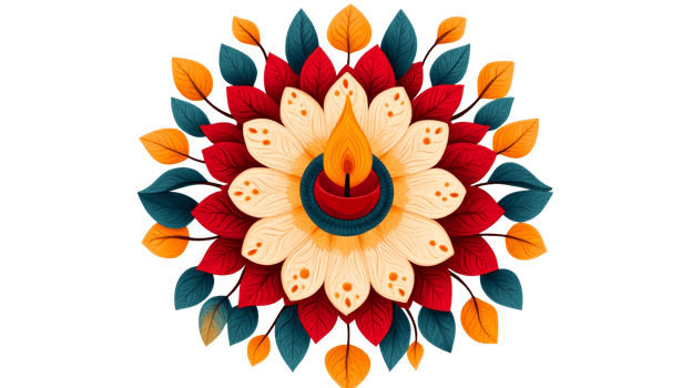 Diwali lamp mandala with vibrant leaves, cut out transparent png