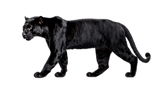 Striking black panther strides with grace, powerful physique, cut out transparent png
