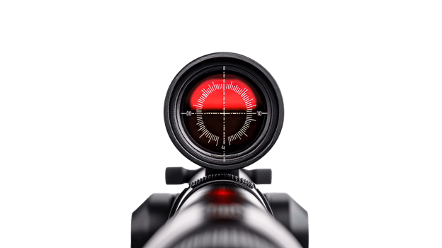 Sniper scope view with red crosshairs on black background, cut out transparent png