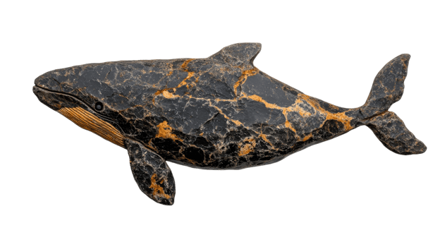 Whale figurine with cracks and golden veins, cut out transparent png