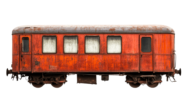A weathered, vintage railway car on black background, cut out transparent png