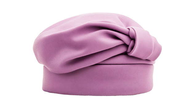 Elegant light purple hat with knot on black background, cut out transparent png