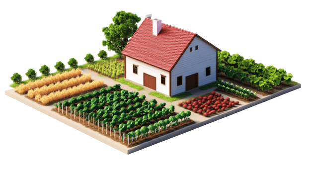 Farmhouse garden with crops, agriculture harvest landscape , cut out transparent png