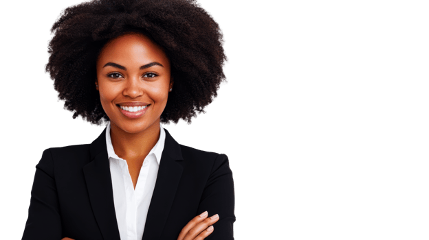 Smiling African businesswoman with crossed arms in dark suit, cut out transparent png