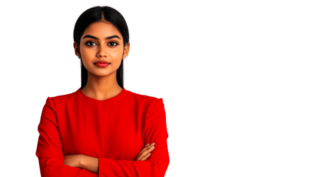 Confident young businesswoman in red dress, cut out transparent png