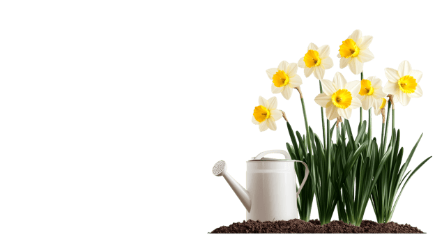 White daffodils and watering can, garden arrangement, black background, cut out transparent png