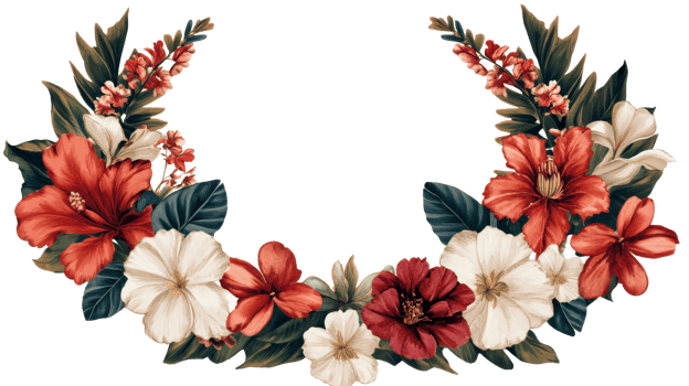 Floral wreath with red and white blossoms, leaves, isolated, cut out transparent png