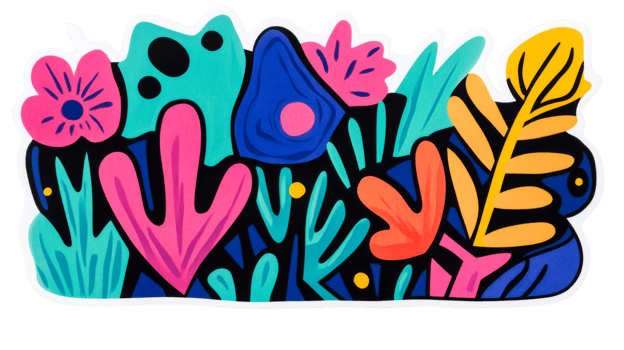 Vivid floral abstract cutout illustration on black background, cut out transparent png
