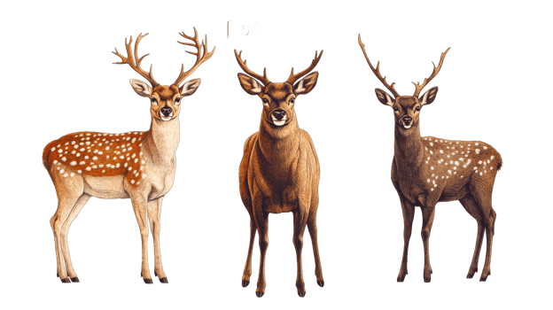 Three Fallow Deers Portraits, Antlers, Spotted Fur, Wildlife, Animals, cut out transparent png
