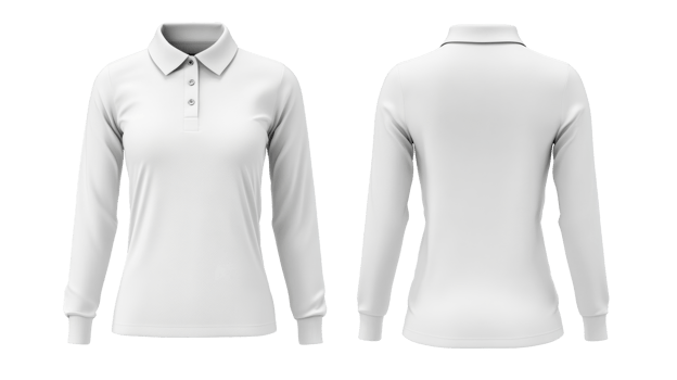 Front and back view of a women's long sleeve polo shirt, cut out transparent png