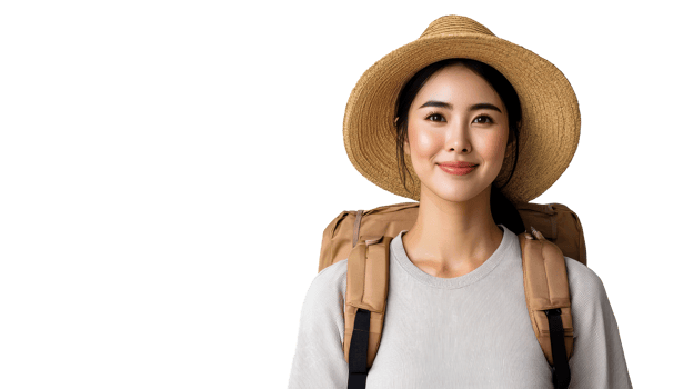 Woman with backpack and hat, portrait, smiling, cutout transparent png