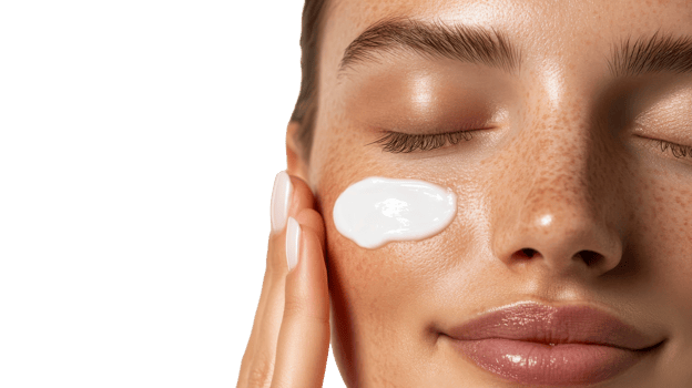 Applying cream on face, clean, natural skin, freckles, isolated, cut out transparent png