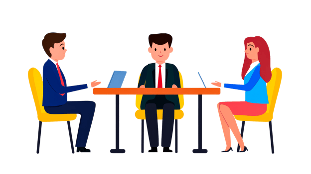 Discussion among three professionals at a meeting table png