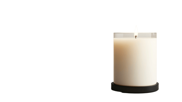 Elegant white candle in glass holder with black base for decor png