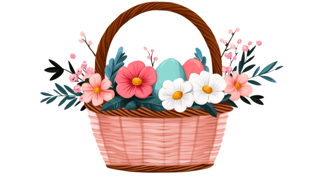 Colorful basket with easter eggs and flowers for spring celebration png