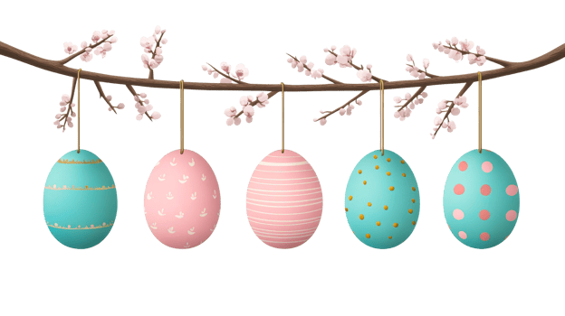 Decorative easter eggs hanging from a branch with blossoms png
