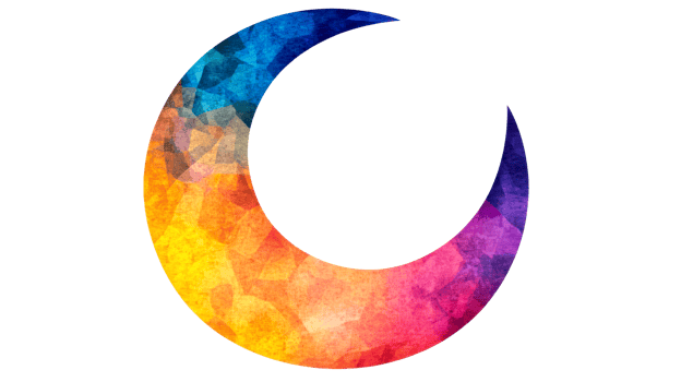 Colorful crescent moon design with vibrant hues and textures png