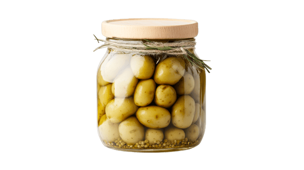 Green olives preserved in a glass jar with wooden lid png