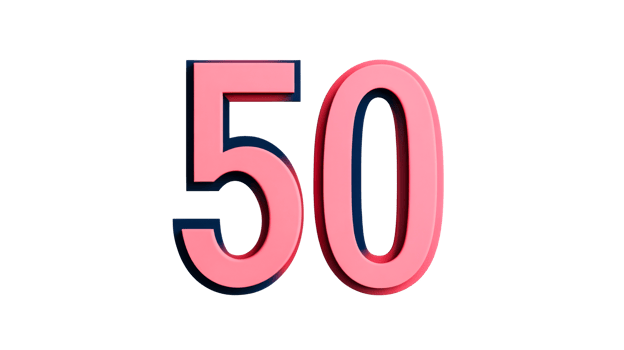 Bold and colorful number fifty with a transparent background png