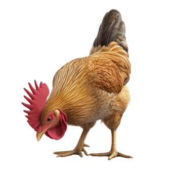 A 3D chicken pecking at the ground with bright red comb, isolated on transparent background png