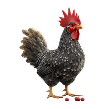 A 3D chicken with a bright red comb pecking on the farm ground, isolated on transparent background png