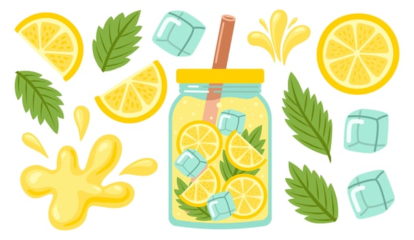 Lemonade set. Fresh juicy lemon drinks in jar and fruits. Tropic summer mint cocktails. Hand drawn illustration isolated on white background vector
