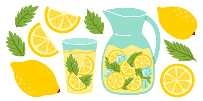 Lemonade set. Fresh juicy lemon drinks in glass, jug and fruits. Tropic summer mint cocktails set. Hand drawn illustration isolated on white background vector