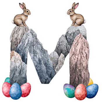 a colorful image with two bunnies perched atop a mountainous letter M surrounded by painted eggs png