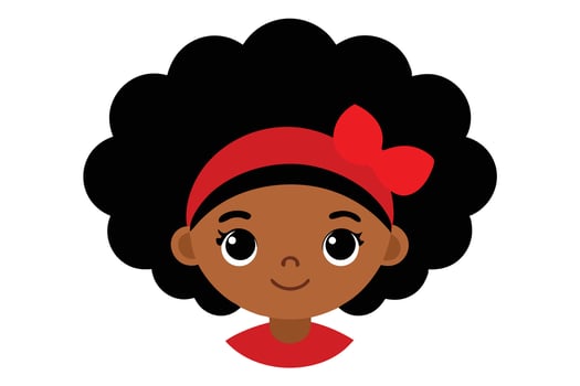 Cute Cartoon African Girl with Black Curly Hair and Red Bow on White vector