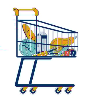 Shopping cart filled with groceries 2D cartoon object. Consumer spending. Food cost. Bread, milk, vegetables. Supermarket trolley isolated element flat clip art on white. Spot illustration vector