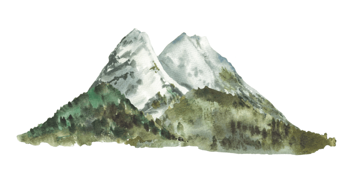 Zugspitze mountain landscape in Germany. Watercolor Mountain peaks, rocks and forested hills, silhouettes of distant trees for Bavarian land card, travel poster. Hand drawn isolated illustration png