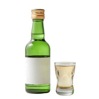 Small Green Bottle with Blank Label and Shot Glass of Clear Liquid . png