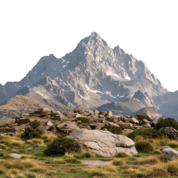 Majestic Mountain Peak Surrounded by Rocky Terrain and Lush Greenery Under Clear Blue Sky png