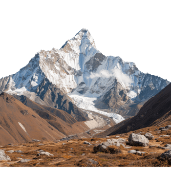 Majestic Snow-Capped Mountain Peak Under Blue Sky with Rocky Terrain and Glacial Features png