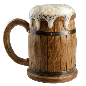 Wooden Beer Mug with Frothy Foam on Top, Vintage Style, Perfect for Home Brewery or Bar Decor png
