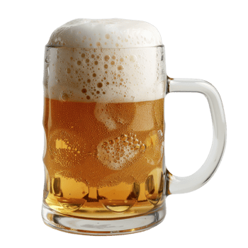 Frosty Mug of Golden Beer with Bubbly Foam and Droplets on Glass Surface png