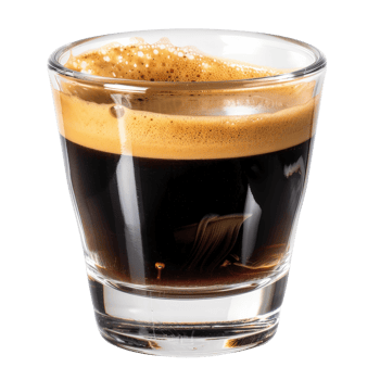 Freshly Brewed Espresso Shot with Rich Crema in a Clear Glass on a Black Background png