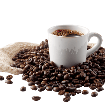 Freshly Brewed Coffee Surrounded by Roasted Coffee Beans on a Rustic Background png