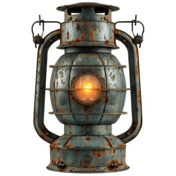 Vintage Rusty Oil Lantern with Warm Light and Textured Metal Surface in Detail png