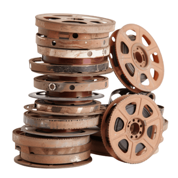 Vintage Movie Film Reels Stacked Together in a Creative Arrangement png