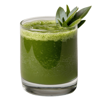 Fresh Green Smoothie in a Clear Glass with Leaf Garnish on a Light Background png