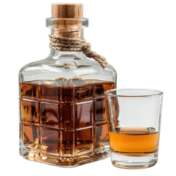 Elegant whiskey bottle with glass showcasing amber liquid on a wooden surface png