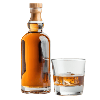 Amber Spirit in Elegant Bottle Next to Glass with Ice . png