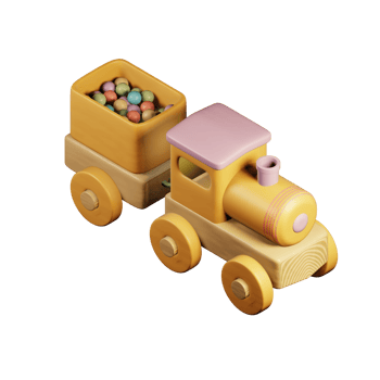Children's wooden train with a carriage and balls. 3D illustration of a toy train. png