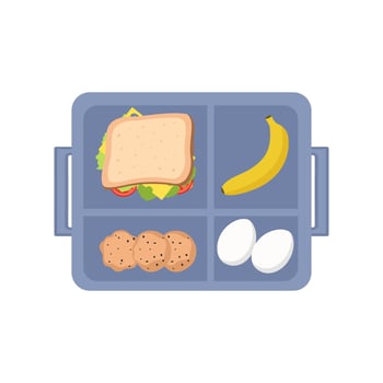 School lunch box.Container with sandwich,banana,boiled eggs,cookies. Healthy meals storage. vector