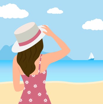 Happy girl with cocktail glass looking at the sea.Tropical beach landscape. Summer vacation. vector